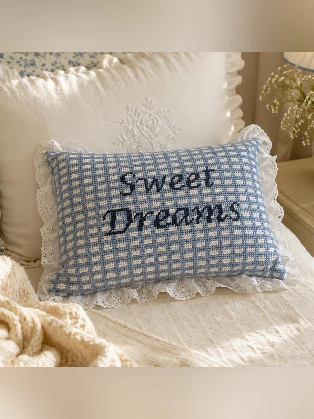Magaschoni Sweet Dreams Blue Gingham Lace Decorative Pillow NWT